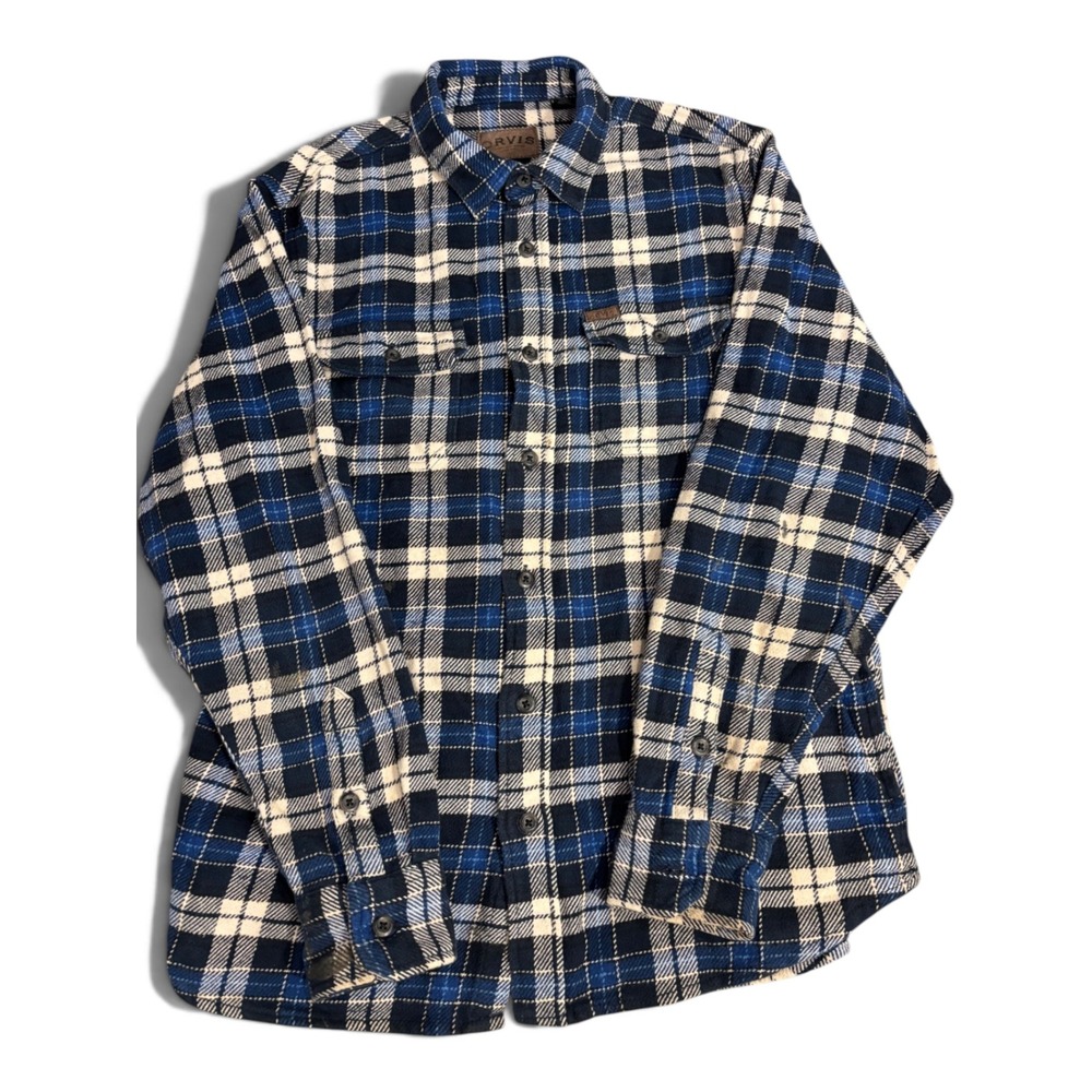 Orvis Mens Blue White Plaid Thick Cotton Flannel Button Down Shirt Size Medium
